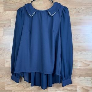 Esley Size Small Navy Blue Dressy Blouse with Long Sleeves & Pleated Back